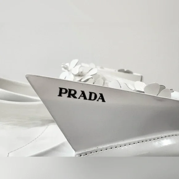 PRADA White Floral Embellished leather ballet flats